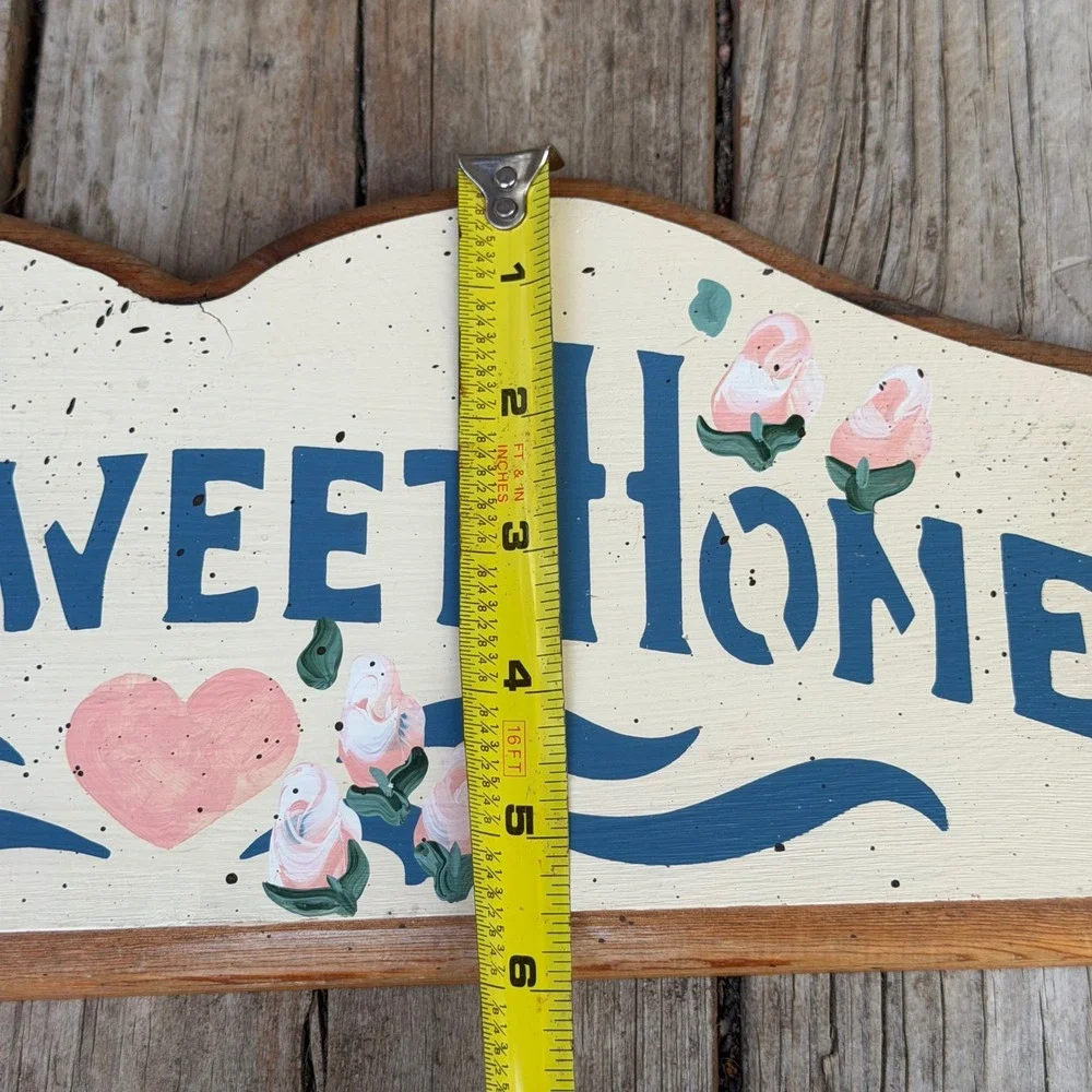 Hand Painted Wood Home Sweet Home Wall Sign Blue Pink Cream Rustic Folk Art
